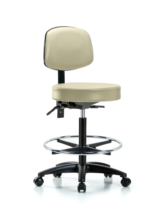 Blue Ridge Ergonomics VHBST-RG-T1-CF-RC-8501 Rutledge Vinyl Stool with Back - High Bench Height with Seat Tilt, Chrome Foot Ring, & Casters in Adobe White Trailblazer™ Vinyl