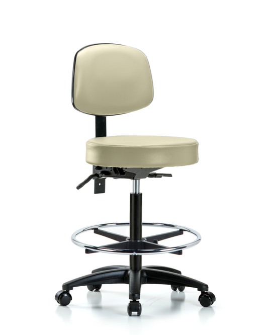 Blue Ridge Ergonomics VHBST-RG-T1-CF-RC-8501 Rutledge Vinyl Stool with Back - High Bench Height with Seat Tilt, Chrome Foot Ring, & Casters in Adobe White Trailblazer™ Vinyl