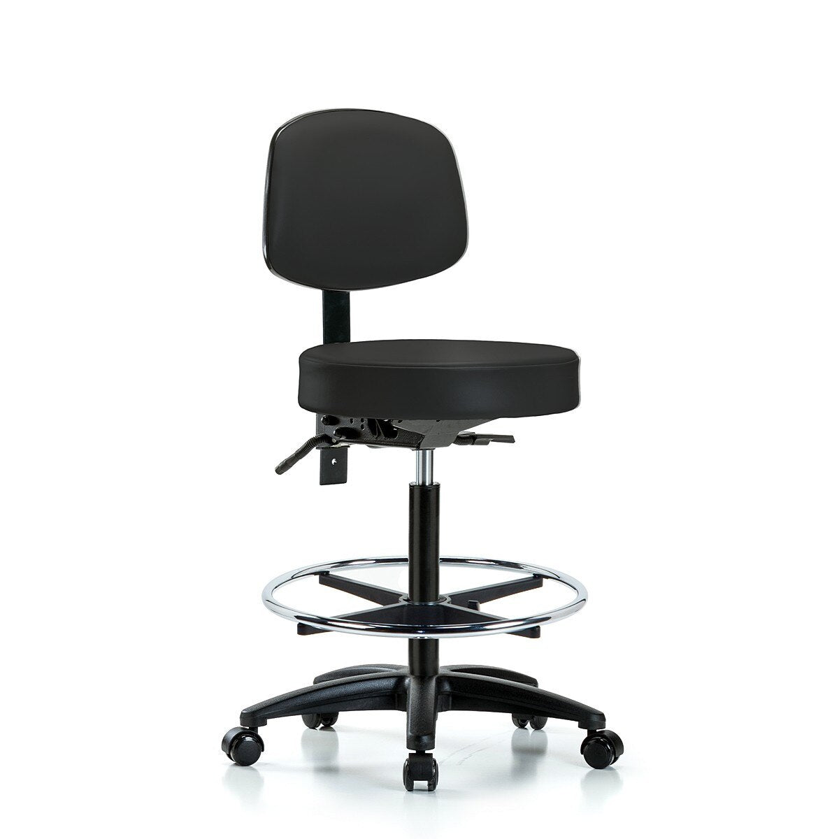 Blue Ridge Ergonomics VHBST-RG-T1-CF-RC-8540 Rutledge Vinyl Stool with Back - High Bench Height with Seat Tilt, Chrome Foot Ring, & Casters in Black Trailblazer™ Vinyl