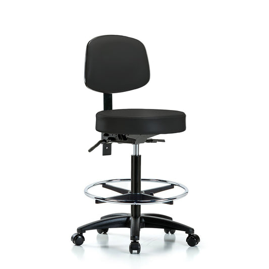 Blue Ridge Ergonomics VHBST-RG-T1-CF-RC-8540 Rutledge Vinyl Stool with Back - High Bench Height with Seat Tilt, Chrome Foot Ring, & Casters in Black Trailblazer™ Vinyl