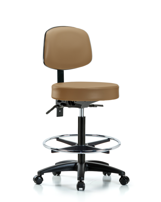 Blue Ridge Ergonomics VHBST-RG-T1-CF-RC-8584 Rutledge Vinyl Stool with Back - High Bench Height with Seat Tilt, Chrome Foot Ring, & Casters in Taupe Trailblazer™ Vinyl