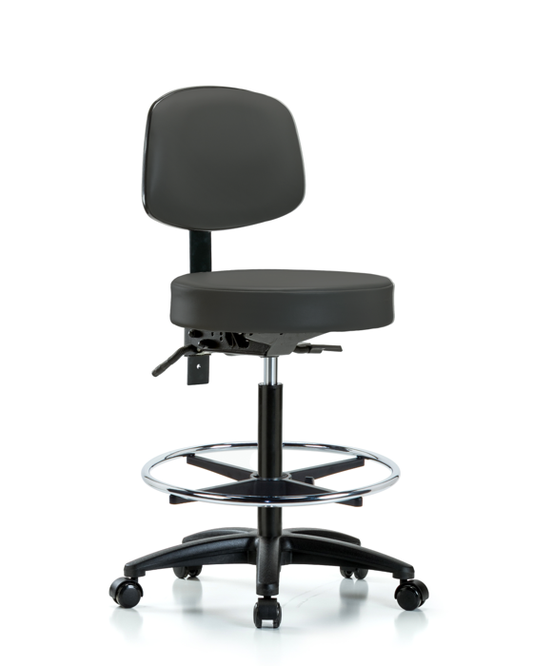 Blue Ridge Ergonomics VHBST-RG-T1-CF-RC-8605 Rutledge Vinyl Stool with Back - High Bench Height with Seat Tilt, Chrome Foot Ring, & Casters in Charcoal Trailblazer™ Vinyl
