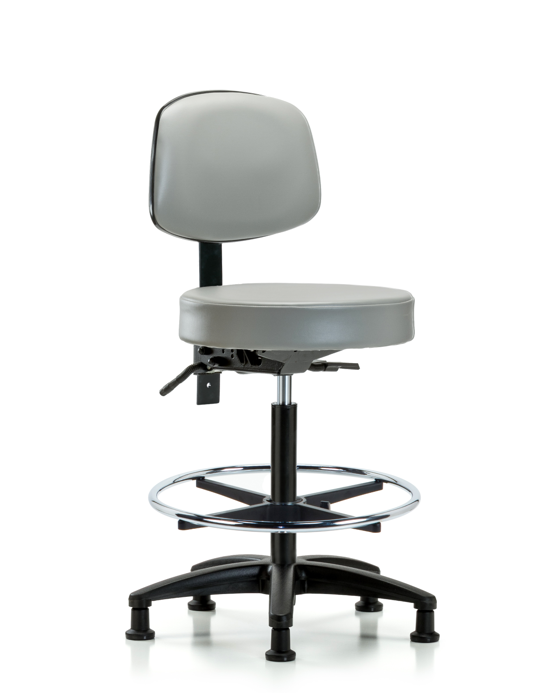 Blue Ridge Ergonomics VHBST-RG-T1-CF-RG-8567 Rutledge Vinyl Stool with Back - High Bench Height with Seat Tilt, Chrome Foot Ring, & Stationary Glides in Dove Trailblazer™ Vinyl