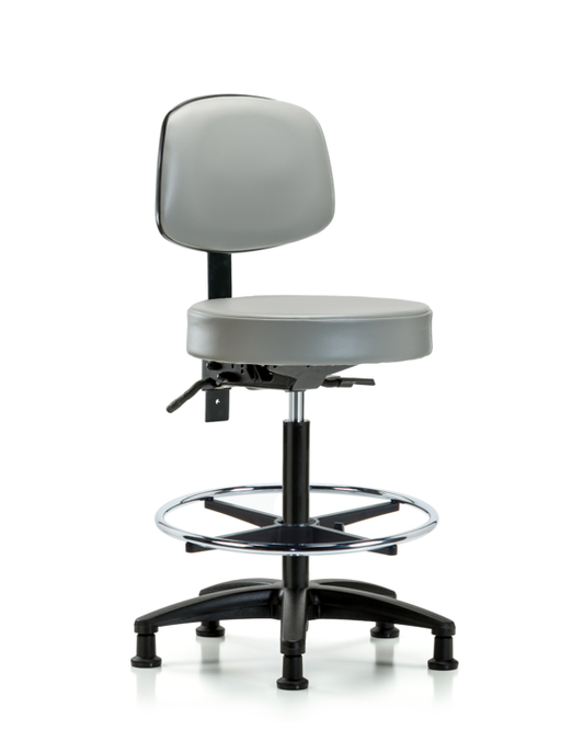 Blue Ridge Ergonomics VHBST-RG-T1-CF-RG-8567 Rutledge Vinyl Stool with Back - High Bench Height with Seat Tilt, Chrome Foot Ring, & Stationary Glides in Dove Trailblazer™ Vinyl