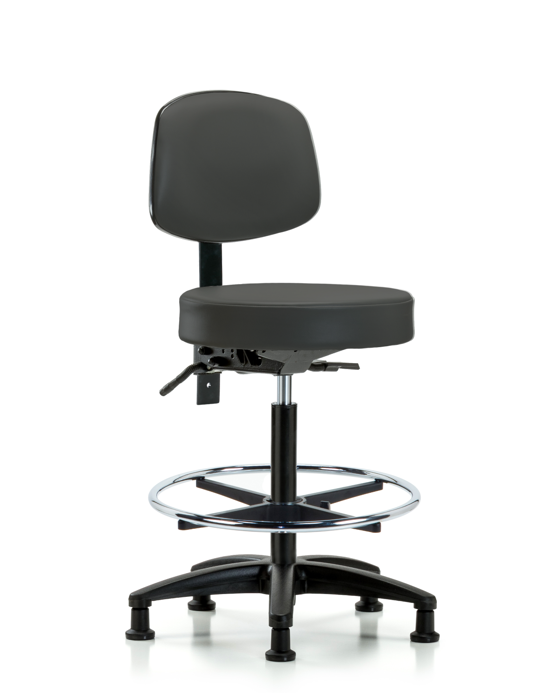 Blue Ridge Ergonomics VHBST-RG-T1-CF-RG-8605 Rutledge Vinyl Stool with Back - High Bench Height with Seat Tilt, Chrome Foot Ring, & Stationary Glides in Charcoal Trailblazer™ Vinyl