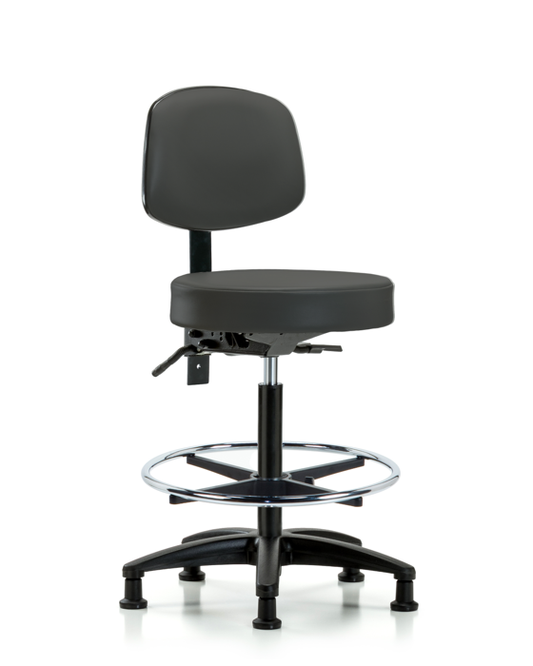 Blue Ridge Ergonomics VHBST-RG-T1-CF-RG-8605 Rutledge Vinyl Stool with Back - High Bench Height with Seat Tilt, Chrome Foot Ring, & Stationary Glides in Charcoal Trailblazer™ Vinyl