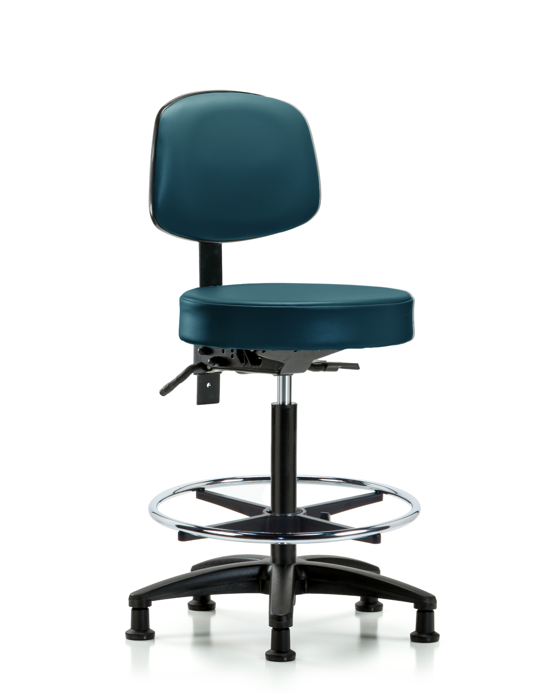 Blue Ridge Ergonomics VHBST-RG-T1-CF-RG-8801 Rutledge Vinyl Stool with Back - High Bench Height with Seat Tilt, Chrome Foot Ring, & Stationary Glides in Marine Blue Supernova™ Vinyl