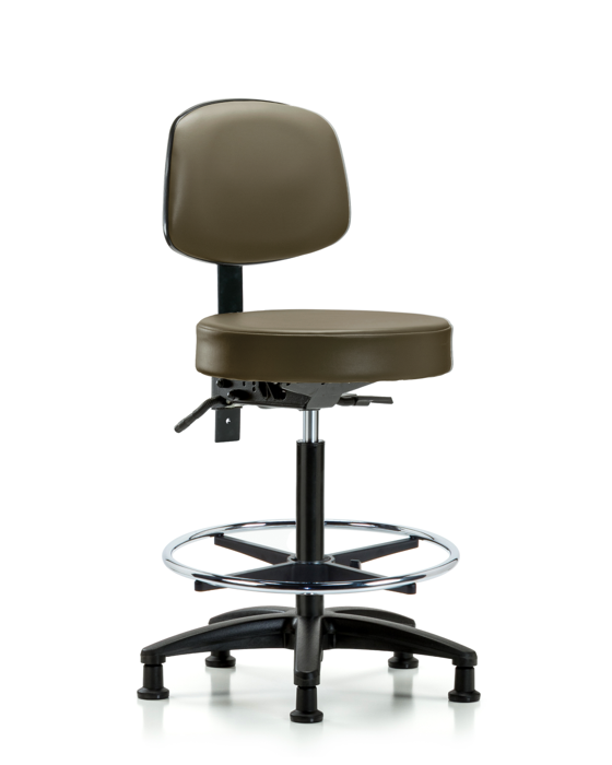 Blue Ridge Ergonomics VHBST-RG-T1-CF-RG-8809 Rutledge Vinyl Stool with Back - High Bench Height with Seat Tilt, Chrome Foot Ring, & Stationary Glides in Taupe Supernova™ Vinyl