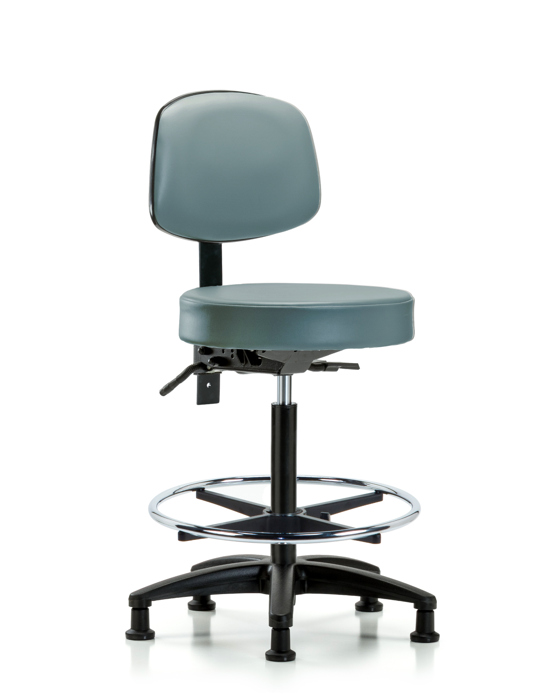 Blue Ridge Ergonomics VHBST-RG-T1-CF-RG-8822 Rutledge Vinyl Stool with Back - High Bench Height with Seat Tilt, Chrome Foot Ring, & Stationary Glides in Storm Supernova™ Vinyl