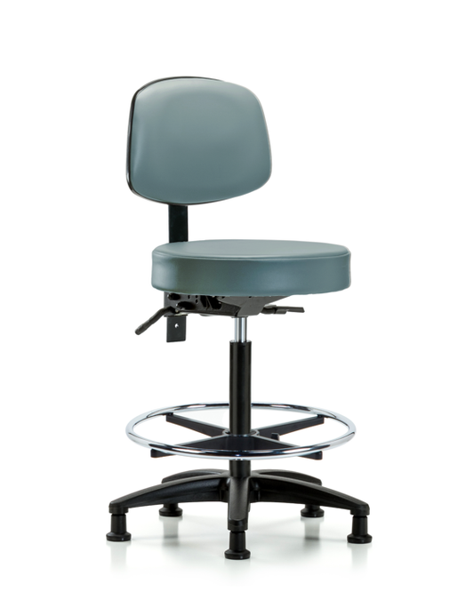 Blue Ridge Ergonomics VHBST-RG-T1-CF-RG-8822 Rutledge Vinyl Stool with Back - High Bench Height with Seat Tilt, Chrome Foot Ring, & Stationary Glides in Storm Supernova™ Vinyl