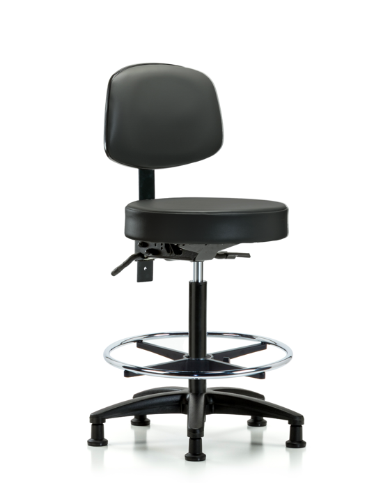 Blue Ridge Ergonomics VHBST-RG-T1-CF-RG-8823 Rutledge Vinyl Stool with Back - High Bench Height with Seat Tilt, Chrome Foot Ring, & Stationary Glides in Carbon Supernova™ Vinyl