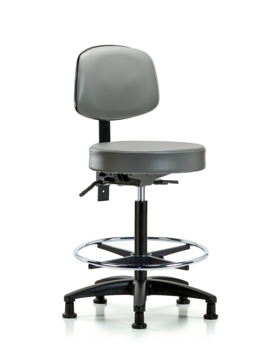 Blue Ridge Ergonomics VHBST-RG-T1-CF-RG-8840 Rutledge Vinyl Stool with Back - High Bench Height with Seat Tilt, Chrome Foot Ring, & Stationary Glides in Sterling Supernova™ Vinyl