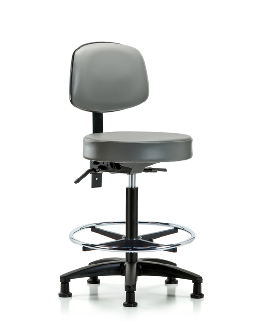 Blue Ridge Ergonomics VHBST-RG-T1-CF-RG-8840 Rutledge Vinyl Stool with Back - High Bench Height with Seat Tilt, Chrome Foot Ring, & Stationary Glides in Sterling Supernova™ Vinyl