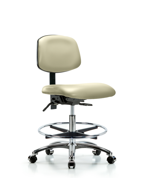 Blue Ridge Ergonomics VMBCH-CR-T0-A0-CF-CC-8501 Rutledge Vinyl Chair Chrome - Medium Bench Height with Chrome Foot Ring & Casters in Adobe White Trailblazer™ Vinyl