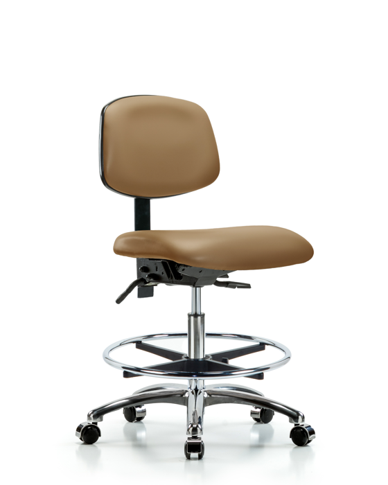 Blue Ridge Ergonomics VMBCH-CR-T0-A0-CF-CC-8584 Rutledge Vinyl Chair Chrome - Medium Bench Height with Chrome Foot Ring & Casters in Taupe Trailblazer™ Vinyl
