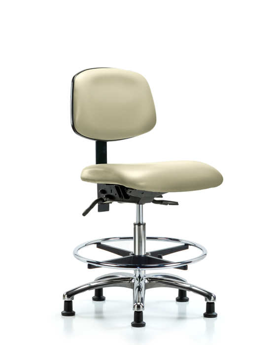 Blue Ridge Ergonomics VMBCH-CR-T0-A0-CF-RG-8501 Rutledge Vinyl Chair Chrome - Medium Bench Height with Chrome Foot Ring & Stationary Glides in Adobe White Trailblazer™ Vinyl