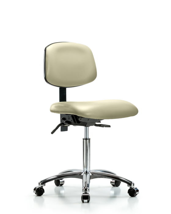 Blue Ridge Ergonomics VMBCH-CR-T0-A0-NF-CC-8501 Rutledge Vinyl Chair Chrome - Medium Bench Height with Casters in Adobe White Trailblazer™ Vinyl