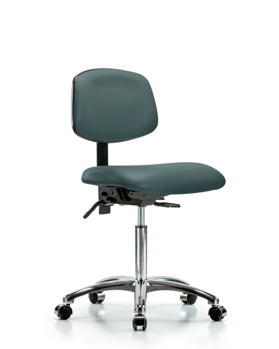 Blue Ridge Ergonomics VMBCH-CR-T0-A0-NF-CC-8546 Rutledge Vinyl Chair Chrome - Medium Bench Height with Casters in Colonial Blue Trailblazer™ Vinyl