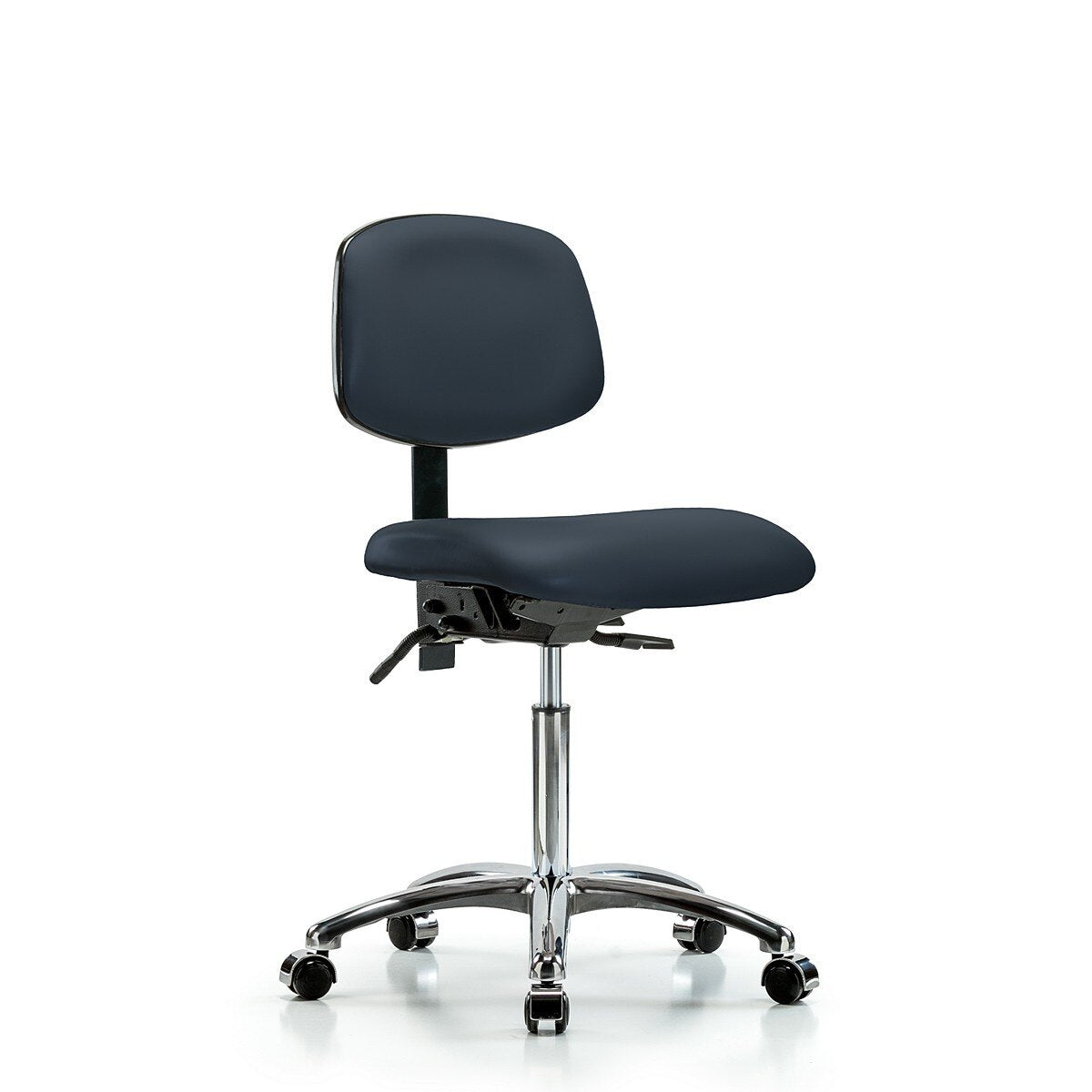 Blue Ridge Ergonomics VMBCH-CR-T0-A0-NF-CC-8582 Rutledge Vinyl Chair Chrome - Medium Bench Height with Casters in Imperial Blue Trailblazer™ Vinyl