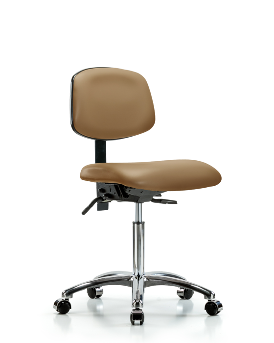 Blue Ridge Ergonomics VMBCH-CR-T0-A0-NF-CC-8584 Rutledge Vinyl Chair Chrome - Medium Bench Height with Casters in Taupe Trailblazer™ Vinyl