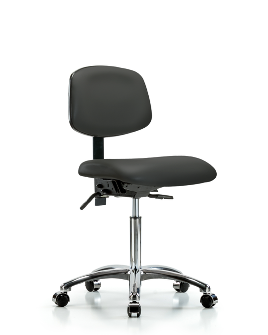 Blue Ridge Ergonomics VMBCH-CR-T0-A0-NF-CC-8605 Rutledge Vinyl Chair Chrome - Medium Bench Height with Casters in Charcoal Trailblazer™ Vinyl