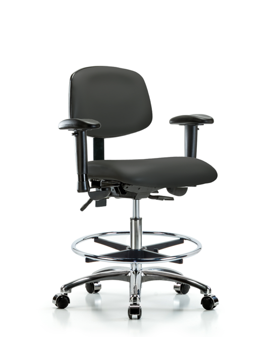 Blue Ridge Ergonomics VMBCH-CR-T0-A1-CF-CC-8605 Rutledge Vinyl Chair Chrome - Medium Bench Height with Adjustable Arms, Chrome Foot Ring, & Casters in Charcoal Trailblazer™ Vinyl