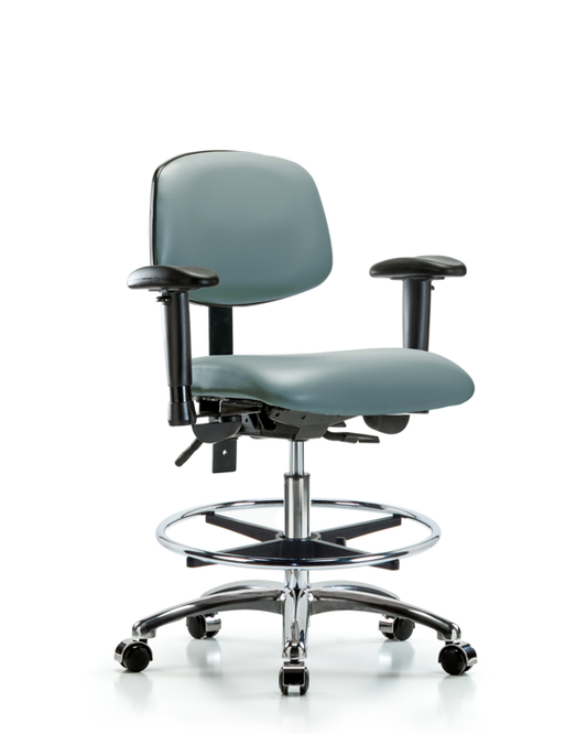 Blue Ridge Ergonomics VMBCH-CR-T0-A1-CF-CC-8822 Rutledge Vinyl Chair Chrome - Medium Bench Height with Adjustable Arms, Chrome Foot Ring, & Casters in Storm Supernova™ Vinyl