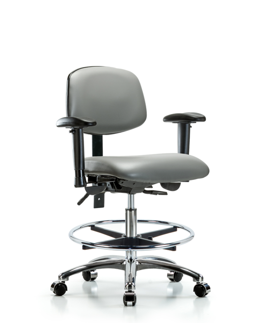 Blue Ridge Ergonomics VMBCH-CR-T0-A1-CF-CC-8840 Rutledge Vinyl Chair Chrome - Medium Bench Height with Adjustable Arms, Chrome Foot Ring, & Casters in Sterling Supernova™ Vinyl