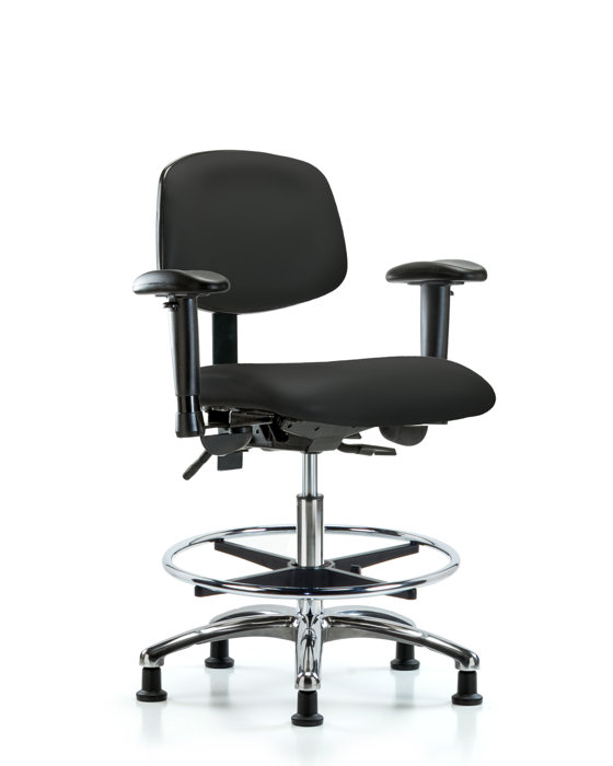 Blue Ridge Ergonomics VMBCH-CR-T0-A1-CF-RG-8540 Rutledge Vinyl Chair Chrome - Medium Bench Height with Adjustable Arms, Chrome Foot Ring, & Stationary Glides in Black Trailblazer™ Vinyl