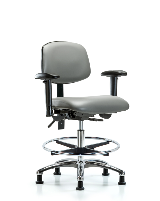 Blue Ridge Ergonomics VMBCH-CR-T0-A1-CF-RG-8840 Rutledge Vinyl Chair Chrome - Medium Bench Height with Adjustable Arms, Chrome Foot Ring, & Stationary Glides in Sterling Supernova™ Vinyl