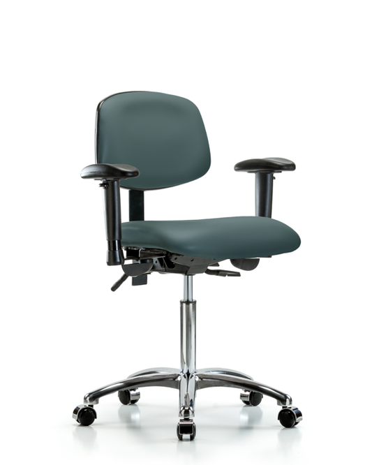 Blue Ridge Ergonomics VMBCH-CR-T0-A1-NF-CC-8546 Rutledge Vinyl Chair Chrome - Medium Bench Height with Adjustable Arms & Casters in Colonial Blue Trailblazer™ Vinyl