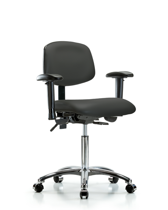 Blue Ridge Ergonomics VMBCH-CR-T0-A1-NF-CC-8605 Rutledge Vinyl Chair Chrome - Medium Bench Height with Adjustable Arms & Casters in Charcoal Trailblazer™ Vinyl