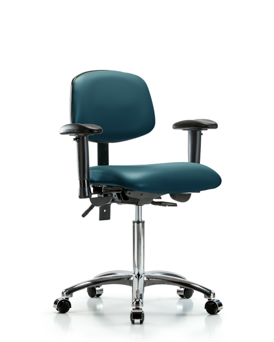 Blue Ridge Ergonomics VMBCH-CR-T0-A1-NF-CC-8801 Rutledge Vinyl Chair Chrome - Medium Bench Height with Adjustable Arms & Casters in Marine Blue Supernova™ Vinyl