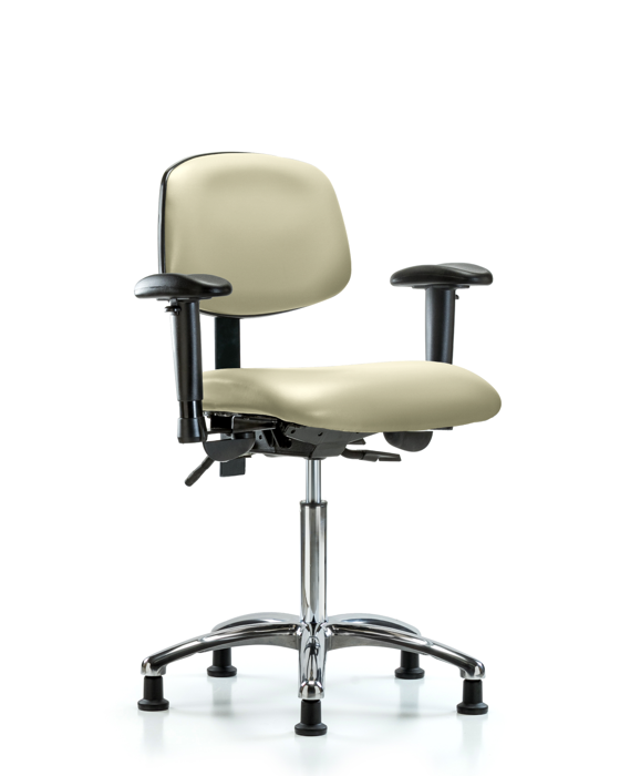 Blue Ridge Ergonomics VMBCH-CR-T0-A1-NF-RG-8501 Rutledge Vinyl Chair Chrome - Medium Bench Height with Adjustable Arms & Stationary Glides in Adobe White Trailblazer™ Vinyl
