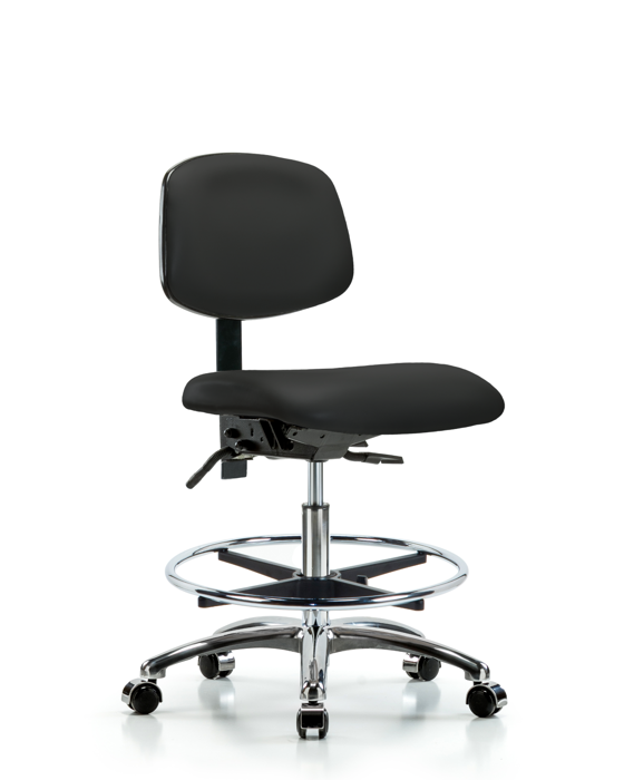 Blue Ridge Ergonomics VMBCH-CR-T1-A0-CF-CC-8540 Rutledge Vinyl Chair Chrome - Medium Bench Height with Seat Tilt, Chrome Foot Ring, & Casters in Black Trailblazer™ Vinyl