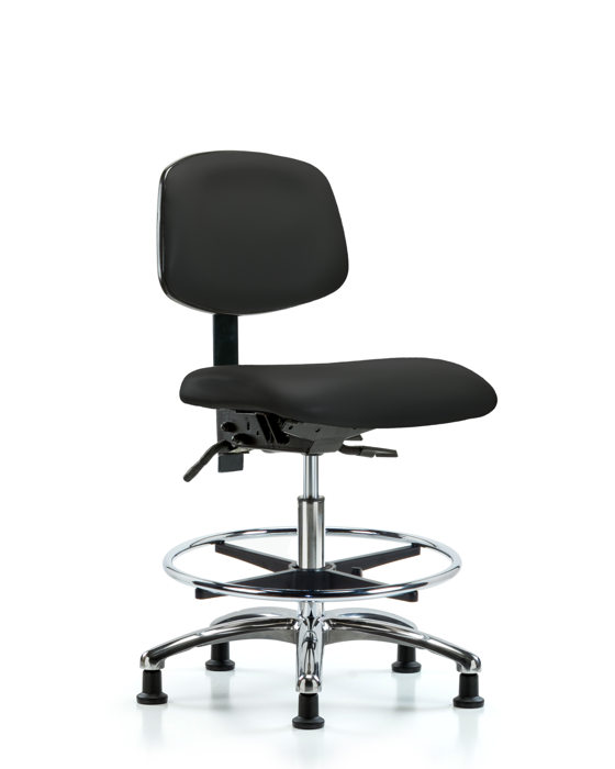 Blue Ridge Ergonomics VMBCH-CR-T1-A0-CF-RG-8540 Rutledge Vinyl Chair Chrome - Medium Bench Height with Seat Tilt, Chrome Foot Ring, & Stationary Glides in Black Trailblazer™ Vinyl