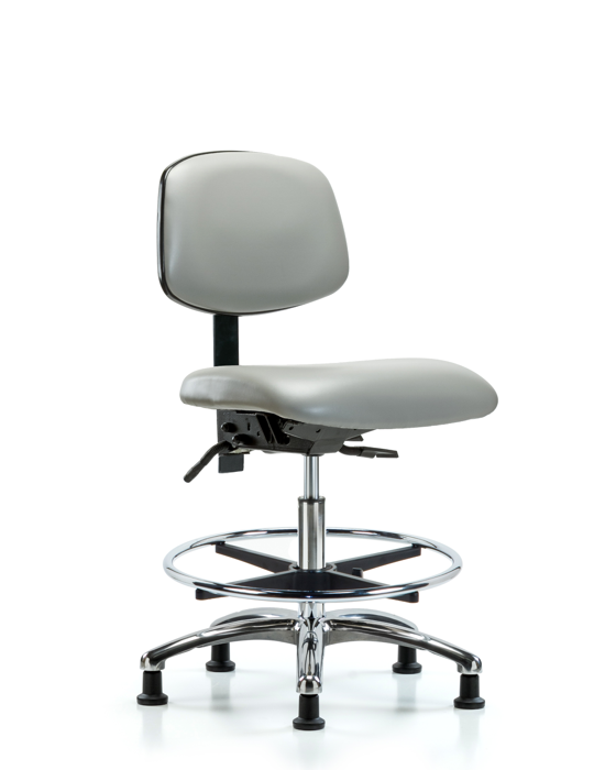 Blue Ridge Ergonomics VMBCH-CR-T1-A0-CF-RG-8567 Rutledge Vinyl Chair Chrome - Medium Bench Height with Seat Tilt, Chrome Foot Ring, & Stationary Glides in Dove Trailblazer™ Vinyl