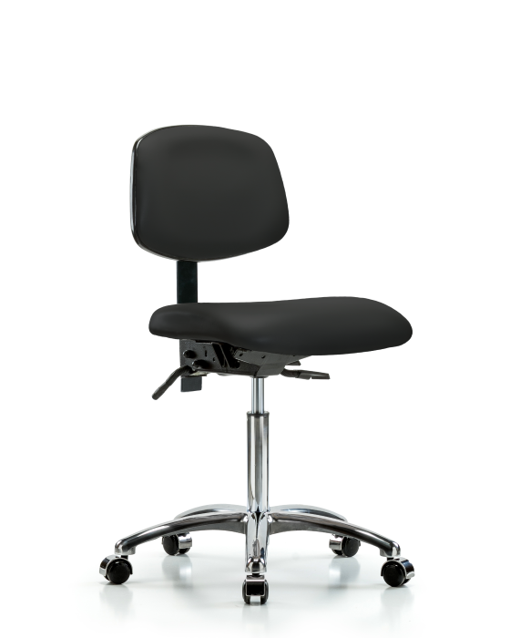 Blue Ridge Ergonomics VMBCH-CR-T1-A0-NF-CC-8540 Rutledge Vinyl Chair Chrome - Medium Bench Height with Seat Tilt & Casters in Black Trailblazer™ Vinyl