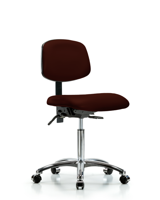 Blue Ridge Ergonomics VMBCH-CR-T1-A0-NF-CC-8569 Rutledge Vinyl Chair Chrome - Medium Bench Height with Seat Tilt & Casters in Burgundy Trailblazer™ Vinyl