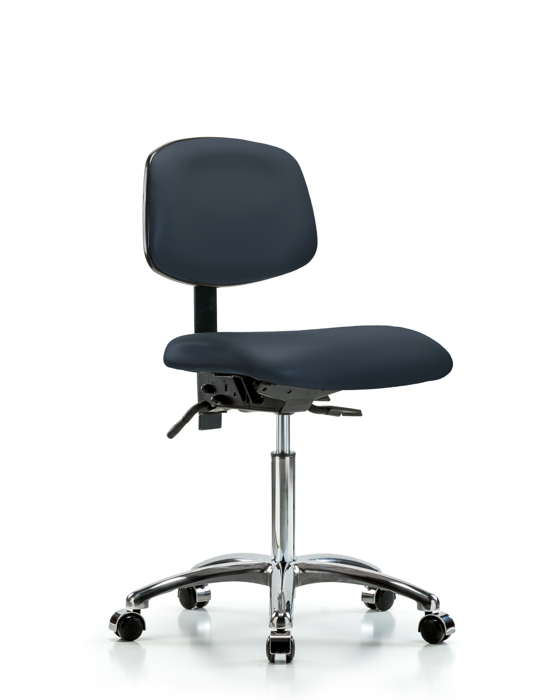 Blue Ridge Ergonomics VMBCH-CR-T1-A0-NF-CC-8582 Rutledge Vinyl Chair Chrome - Medium Bench Height with Seat Tilt & Casters in Imperial Blue Trailblazer™ Vinyl