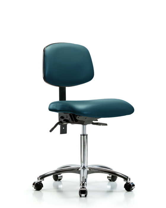 Blue Ridge Ergonomics VMBCH-CR-T1-A0-NF-CC-8801 Rutledge Vinyl Chair Chrome - Medium Bench Height with Seat Tilt & Casters in Marine Blue Supernova™ Vinyl