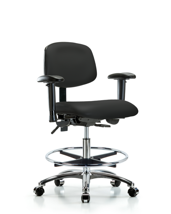 Blue Ridge Ergonomics VMBCH-CR-T1-A1-CF-CC-8540 Rutledge Vinyl Chair Chrome - Medium Bench Height with Seat Tilt, Adjustable Arms, Chrome Foot Ring, & Casters in Black Trailblazer™ Vinyl