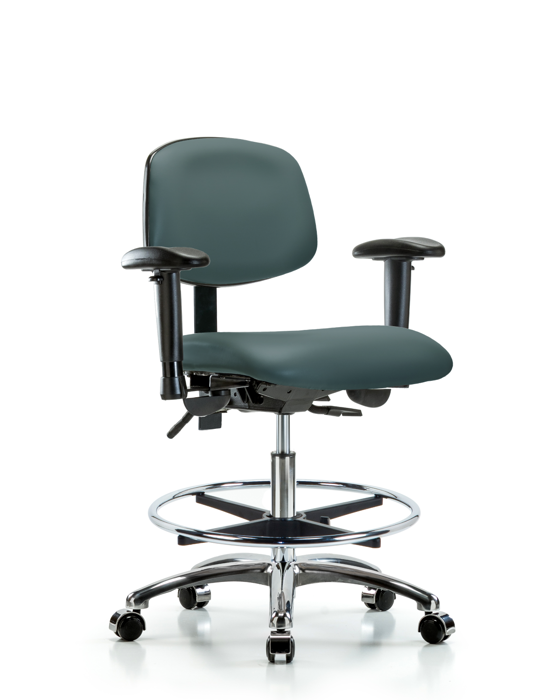 Blue Ridge Ergonomics VMBCH-CR-T1-A1-CF-CC-8546 Rutledge Vinyl Chair Chrome - Medium Bench Height with Seat Tilt, Adjustable Arms, Chrome Foot Ring, & Casters in Colonial Blue Trailblazer™ Vinyl