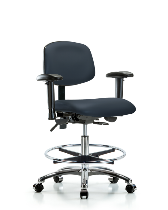 Blue Ridge Ergonomics VMBCH-CR-T1-A1-CF-CC-8582 Rutledge Vinyl Chair Chrome - Medium Bench Height with Seat Tilt, Adjustable Arms, Chrome Foot Ring, & Casters in Imperial Blue Trailblazer™ Vinyl