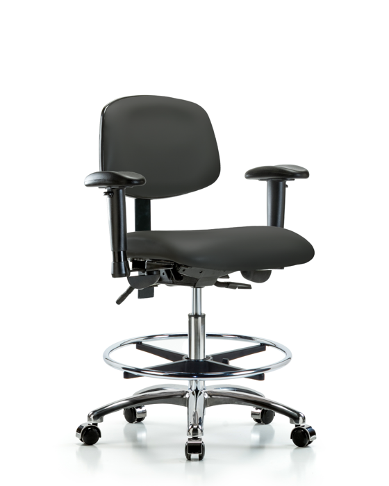 Blue Ridge Ergonomics VMBCH-CR-T1-A1-CF-CC-8605 Rutledge Vinyl Chair Chrome - Medium Bench Height with Seat Tilt, Adjustable Arms, Chrome Foot Ring, & Casters in Charcoal Trailblazer™ Vinyl