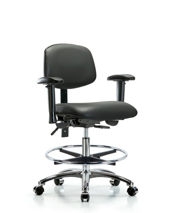 Blue Ridge Ergonomics VMBCH-CR-T1-A1-CF-CC-8823 Rutledge Vinyl Chair Chrome - Medium Bench Height with Seat Tilt, Adjustable Arms, Chrome Foot Ring, & Casters in Carbon Supernova™ Vinyl