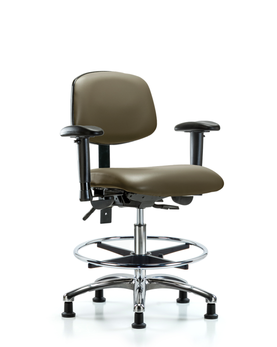 Blue Ridge Ergonomics VMBCH-CR-T1-A1-CF-RG-8809 Rutledge Vinyl Chair Chrome - Medium Bench Height with Seat Tilt, Adjustable Arms, Chrome Foot Ring, & Stationary Glides in Taupe Supernova™ Vinyl