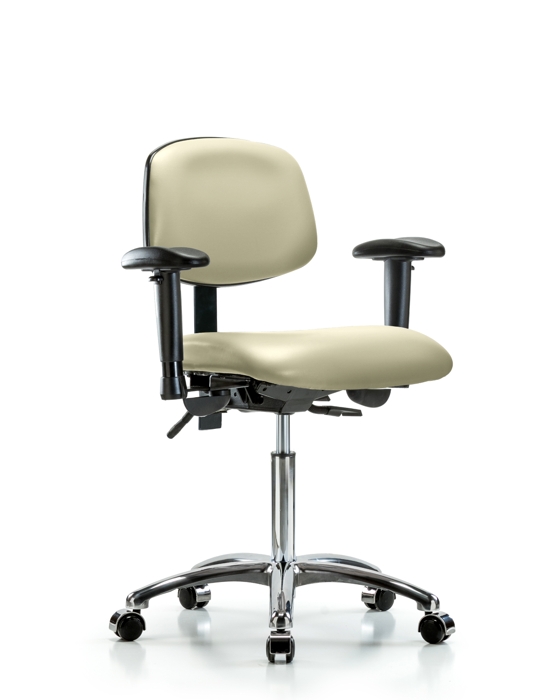 Blue Ridge Ergonomics VMBCH-CR-T1-A1-NF-CC-8501 Rutledge Vinyl Chair Chrome - Medium Bench Height with Seat Tilt, Adjustable Arms, & Casters in Adobe White Trailblazer™ Vinyl