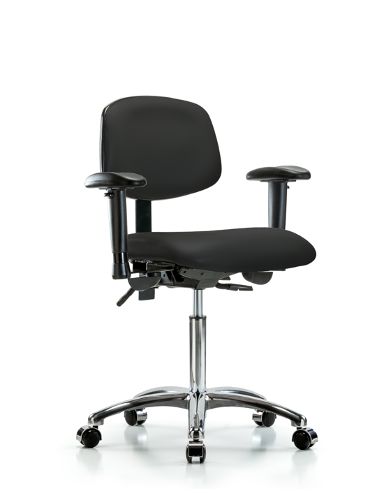 Blue Ridge Ergonomics VMBCH-CR-T1-A1-NF-CC-8540 Rutledge Vinyl Chair Chrome - Medium Bench Height with Seat Tilt, Adjustable Arms, & Casters in Black Trailblazer™ Vinyl