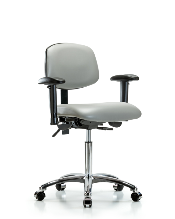 Blue Ridge Ergonomics VMBCH-CR-T1-A1-NF-CC-8567 Rutledge Vinyl Chair Chrome - Medium Bench Height with Seat Tilt, Adjustable Arms, & Casters in Dove Trailblazer™ Vinyl